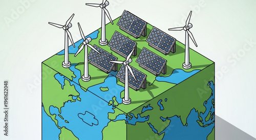 Renewable energy sources on a green earth cube with solar panels and wind turbines for sustainable power generation