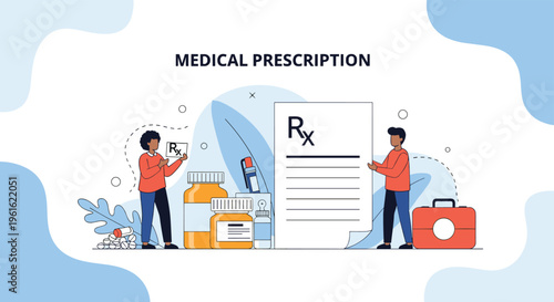 Medical prescription illustration featuring doctors and patients near giant bottles of pills and a large RX document.