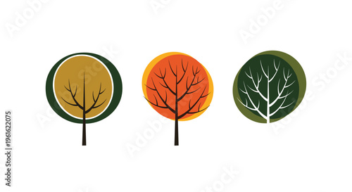 Set of three stylized deciduous trees with colorful circular foliage representing autumn and summer seasons for design.