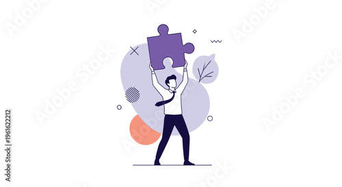 Businessman holding a large purple puzzle piece representing problem solving and strategic solution conceptualization.