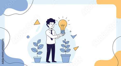Man holding a giant glowing light bulb representing creative ideas and sustainable green innovation near potted plants.