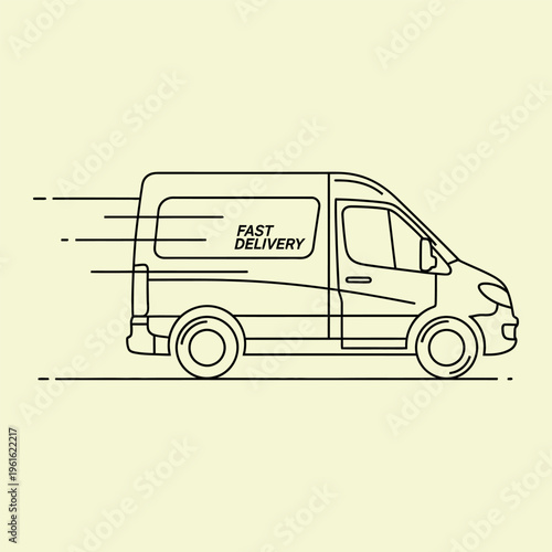 Minimal line of a delivery van speeding with fast delivery text line speeding van motion lines black lines