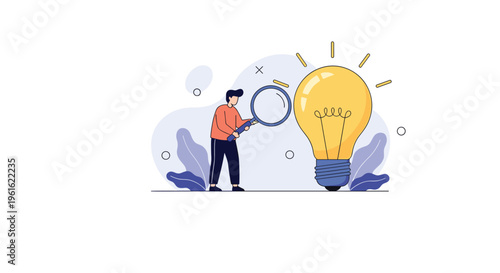 Man examining a large glowing light bulb through a magnifying glass for search for new ideas and innovation concept.