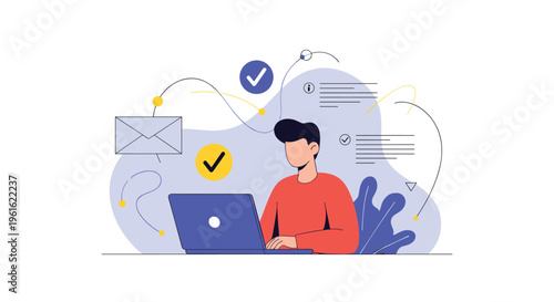 Professional man working on a laptop surrounded by digital icons for email tasks and successful project completion.