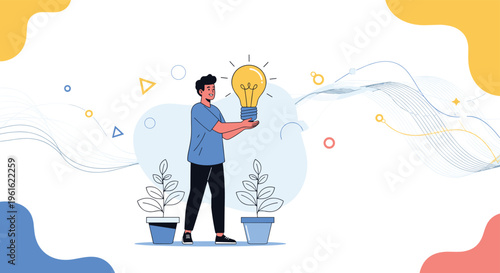 Man holding a large glowing light bulb representing bright ideas and innovative solutions in a creative environment.