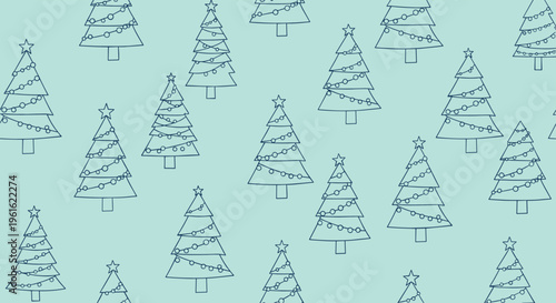 Seamless holiday pattern featuring hand drawn Christmas trees with ornaments on a soft green background for wrapping.