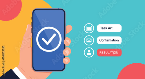 Hand holding a mobile phone showing a checkmark and task completion list for productivity and management concepts.