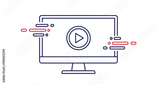 Computer monitor screen displaying a play button with dynamic motion lines for video streaming and multimedia content.