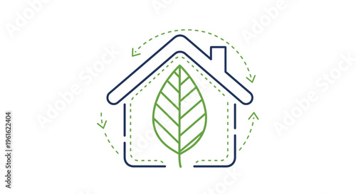 Sustainable green housing concept illustrated with a house icon and a leaf surrounded by circular recycle arrows.