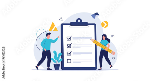 Team of people checking off tasks on a giant clipboard for project management and goal achievement conceptualization.