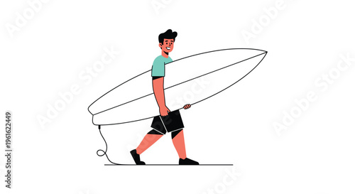 Young man walking while carrying a large white surfboard for summer holiday and outdoor water sports activity.