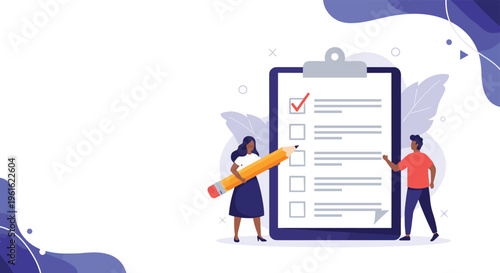 Diverse team of people working together to fill out a large checklist on a clipboard with a giant pencil.