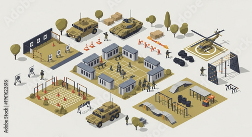 Isometric Military Base Illustration with Vehicles and Training Grounds.