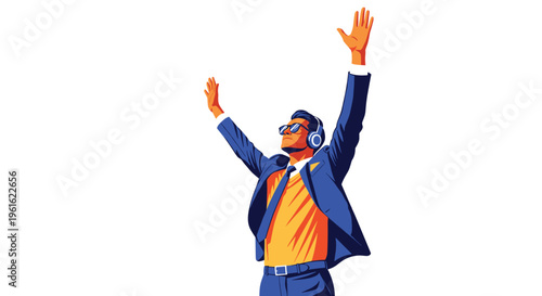 Joyful man in a suit wearing headphones with his arms raised high in the air while listening to music.