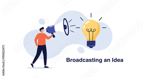 Energetic man using a megaphone to broadcast a new idea represented by a large glowing yellow lightbulb.