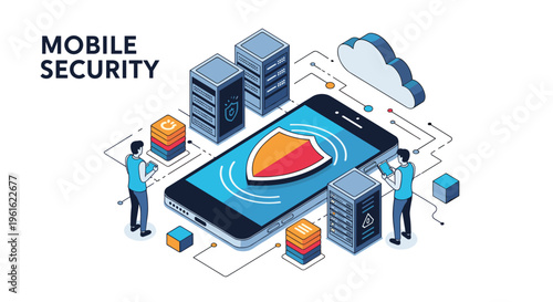 Isometric design illustrating mobile security with a shield on a smartphone screen connected to data servers.