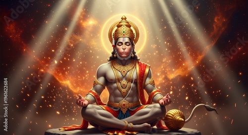 Hanuman jayanti hindu festival spiritual illustration, hanuman divine aura traditional indian devotion background 