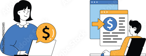 A woman discussing financial details on laptop while another person views a document on a tablet screen with dollar sign icons