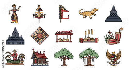 Collection of Indonesian Cultural Symbols and Icons Depicting Heritage.