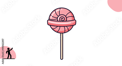 Cute illustration of a giant round pink lollipop on a stick with swirls and a small figure for scale.