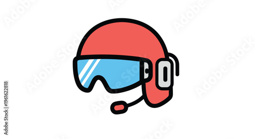 Protective red racing or pilot helmet with a blue visor and communication microphone headset integrated.
