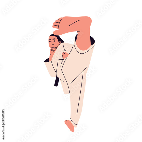Flat vector of athletes playing sports karate. dynamic poses, balls, and equipment in a modern minimal style. Perfect for sports apps, fitness content, educational materials, and active lifestyle 