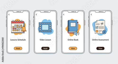 Set of four smartphone screens showing various mobile education features like lesson schedule and online books.