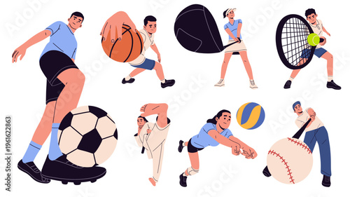 Flat vector set of various athletes playing sports including soccer, basketball, tennis, volleyball, baseball, and martial arts. Perfect for sports apps, fitness content, educational materials