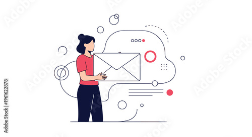 Stylish woman holding a large white envelope mail icon surrounded by abstract geometric lines and shapes.