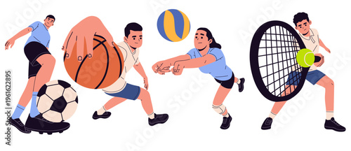 Flat vector set of various athletes playing sports. Collection features dynamic poses, balls, and equipment in a modern minimal style. Perfect for sports apps, fitness content, educational materials