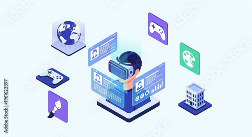 Immersive Virtual Reality Experience - Man Exploring Digital World with VR Headset.