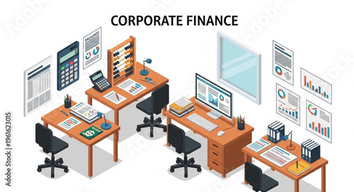 Isometric Corporate Finance Office Illustration - Desks, Computers, and Financial Tools.