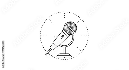 Detailed line art icon of a professional studio microphone on a stand used for broadcasting, podcasting, or music recording sessions.