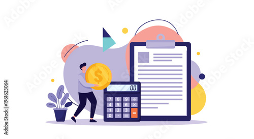 Professional accountant holding a giant gold coin next to a calculator and a large clipboard for financial planning and tax management.