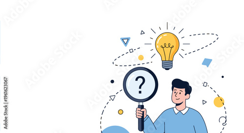 Creative professional holding a large magnifying glass searching for ideas represented by a glowing yellow light bulb symbol.