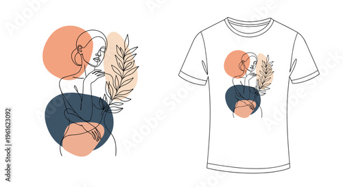 Fashion mockup showing a white t-shirt with a stylish continuous line art design of a woman holding a botanical branch with shapes.