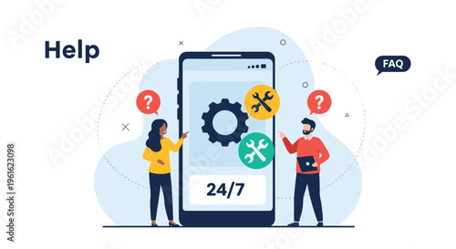 Two people seeking help and support by interacting with a giant smartphone displaying technical settings and help center icons.