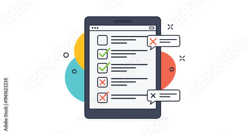 Digital tablet screen showing a checklist with green checkmarks and red cross marks representing a task audit or evaluation.