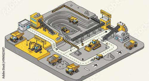 Isometric Illustration of a Large Open-Pit Mine with Heavy Machinery.