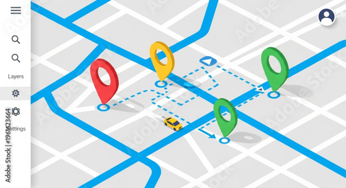 Isometric Map with Delivery Route and Location Pins.