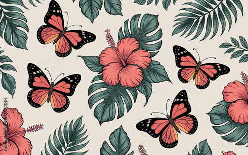 This beautiful pattern features vibrant butterflies fluttering among hibiscus flowers and large tropical leaves. The warm coral color of the flowers and butterflies contrasts beautifully with the deep