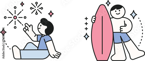 A child and adult embracing the joy and excitement of surfing and stargazing together under magical sparks