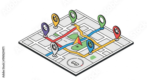 Isometric Map with Location Pins and Routes Illustration.