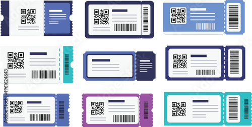 Modern ticket stub collection vector set with QR codes, barcodes and perforated edges for events, travel and access passes isolated on white background