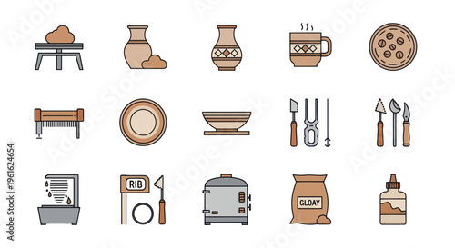 Ceramics Craft Icons: Pottery Wheel, Kiln, Tools, Clay, Vases, Mugs, Bowls