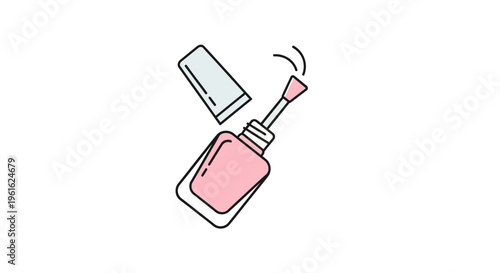 Light Pink Rectangular Nail Polish Bottle with Brush and Falling Drop in Pastel Outline, Isolated White Background