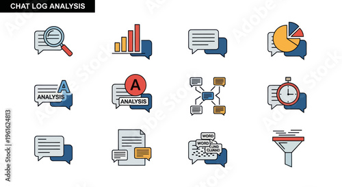 Chat Log Analysis Icons: Data, Charts, Search, Time, Document, Filter