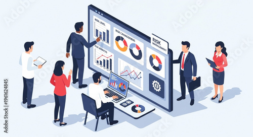 Team Analyzing Data on Large Screen Displaying Charts and Graphs.