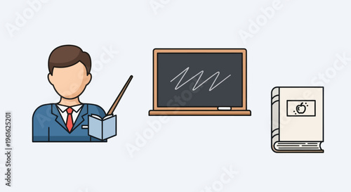 Teacher with Pointer, Chalkboard, and Book - Education Concept