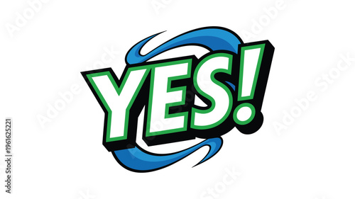 YES comic book style word sticker with check mark and swooshes, brightly colored pop art expression of agreement approval or success